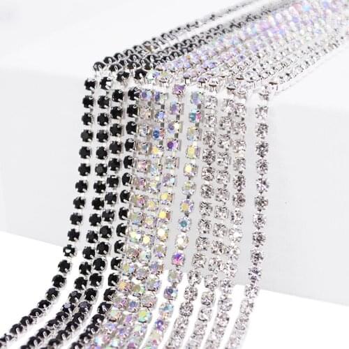 1/5M Crystal Rhinestone Chain Black White AB Glass Metal Claw Chain 2mm-3mm Width DIY Rhinestone Clothing Accessories Decoration