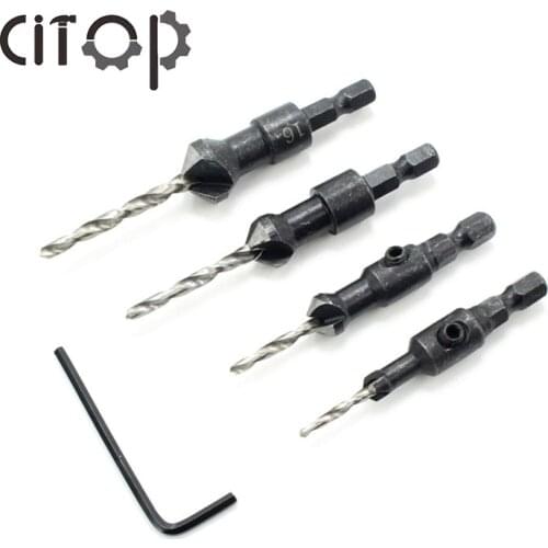 Citop 4Pcs/set Round Shank Taper Hole Woodworking Drill Bits Countersink Taper Drill Bit HSS Drill Chamfer With Wrench