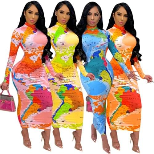 Echoine Long Sleeve Map Printed Dress Woman Turtleneck Bodycon Dresses Autumn Spring Fashion Elegant Clothes Sexy Club Dress