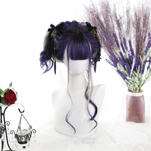 Lolita Purple Long Wavy Curly Wigs With Bangs Cute Girl Daily Party Cosplay Wig Heat Resistant Fiber Synthetic D709