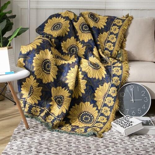 European-style blue sunflower flower cotton knitted nap sofa office blanket three-layer thickened pastoral sofa blanket