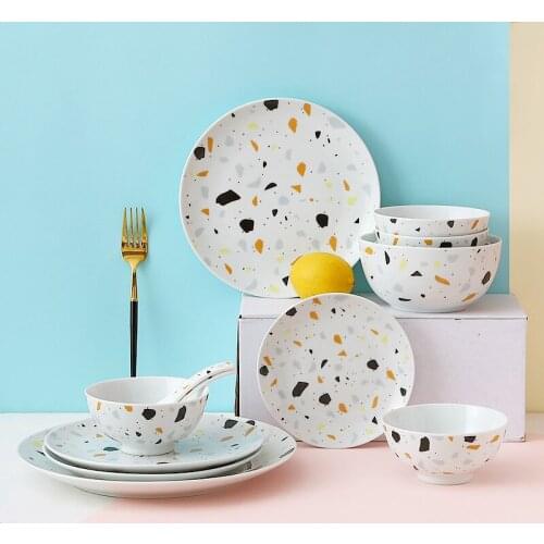 Ceramic Western Dinner Plate Creative Terrazzo Dishes Bowl Tableware Sets Fruit Salad Dish Rice Soup Bowl Spoon Snack Tray