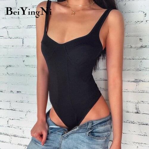 Beiyingni Women Fashion Bodysuits Sleeveless Sexy Slim Off Shoulder Streetwear Body Top Black Solid Elastic Casual Jumpsuit