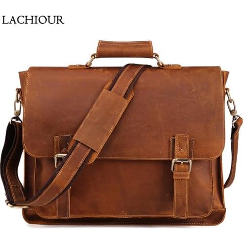 LACHIOUR Men Crazy Horse Leather Messenger Bag Male Real Genuine Leather Handbag Mens Briefcase Male 15.6 inch Laptop Bag