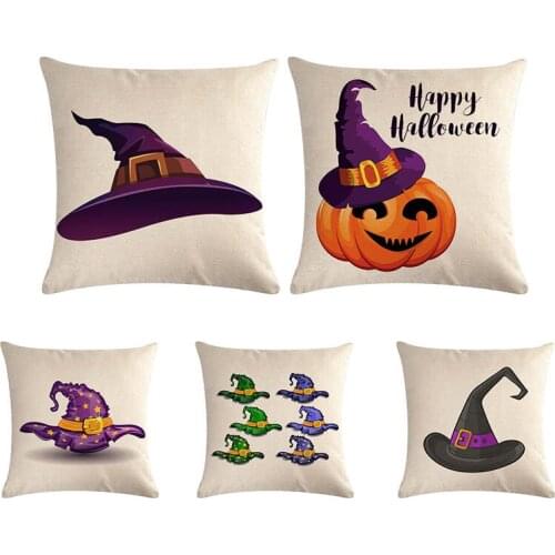 Happy Halloween Cushion Cover Hat Pumpkin Cotton Linen Cartoon Throw Pillow Cover Home Decor 45x45cm Pillowcase For Sofa Office