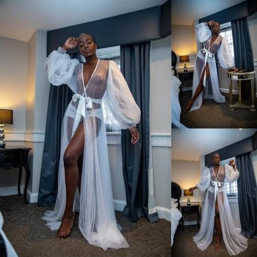 Pearls White Night Robe Tulle Sexy Sheer Split Sleepwear Party Dress Floor Length Gorgeous Nightgowns Robes