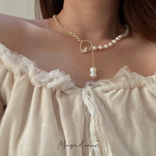 Trendy2021 Spring New Korean Vintage Nature Freshwater Pearl Necklace Real Gold Plating Butterfly Pendants French Women Jewelry