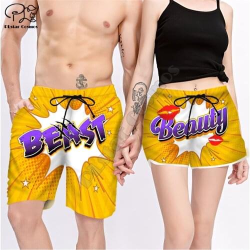 Couple Matching BEAUTY AND BEAST Printed 3d Shorts women men Elastic Waist Summer Quick Dry Beach shorts