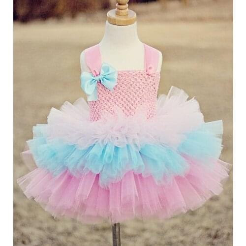 Girls Pastel 3Layers Cake Tutu Dress Baby Crochet Tulle Dress with Ribbon Bow and Flower Headband Set Kids Birthday Party Dress