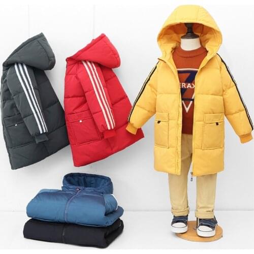 New Winter Coat Kids Jacket Thick Long Coat For Boys And Girls Solid Color Striped Hooded Kids Down Jacket 3-10 Years Old