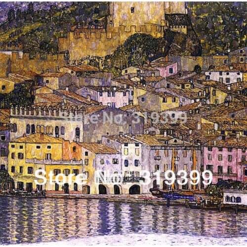 Oil Painting reproduction on Linen Canvas,Malcesine on Lake Garda by gustav klimt,100% handmade,Freeshipping,Museam Quality