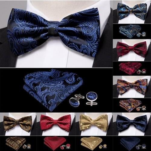 Luxury Brand Blue Silk Mens Bowtie Set Paisley Pre-Bow Tie Handkerchief Cufflinks Gift for Men Wedding Party Dress Barry.Wang