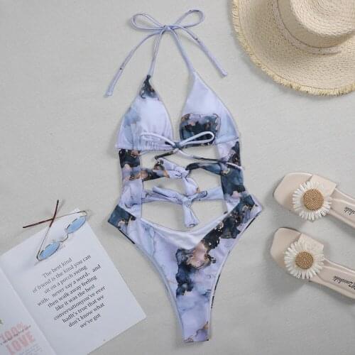 Sexy Hollow Out Swimwear Women Marble Print Tie Dye Front Tie Push Up One Piece Swimsuit Bathers Bathing Suit Backless Monokini