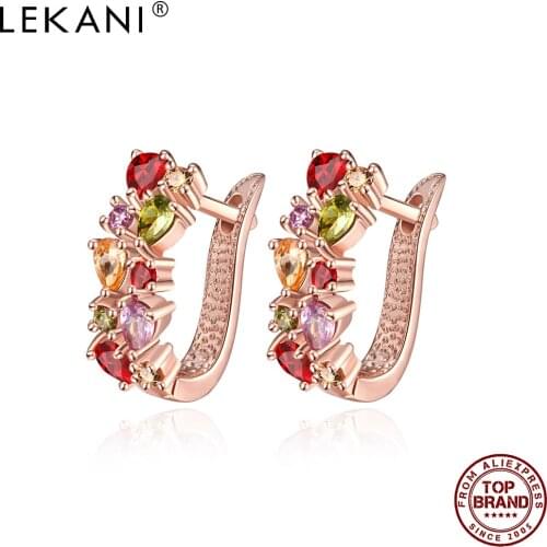 LEKANI Dazzling Color Clean Cubic Zirconia Stud Earrings For Women Rose Gold Anniversary Earring Female Hot Sale Fashion Jewelry