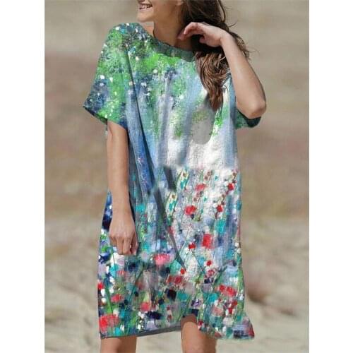 Women Summer Round Collar Floral Printed Dress Kawai A-Line Vestidos Boho Mini Vestidos Retro Harajuku Beach Loose Daily Fashion