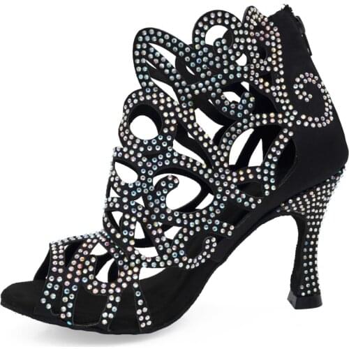 Evkoodance Wedding Party Dance Shoes Black Satin Rhinestones Latin Dance Shoes Woman Soft Bottom Sex Salsa Dance Shoes Lady