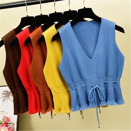2020 Women Short Sleeveless Knitted Sweater Vest Waistcoat Side bow Casual Vest Female Pullover Fashion Spring Lady Top PZ3026
