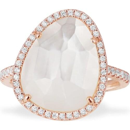SLJELY Fashion S925 Sterling Silver White Nacre Ring Rose Gold Color Mother of Pearl Ring Micro Cubic Zirconia Stones for Women