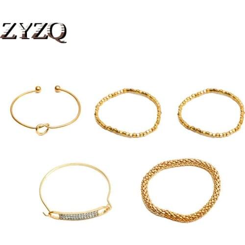ZYZQ 5 Pcs/Set Punk Gold Color Rhinestone Bracelet Thick Chain Beads Multilayer Bracelet Female Bohemian Geometric Jewelry