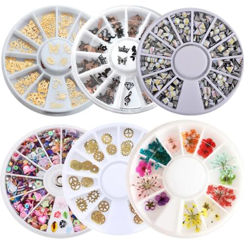 1 Box Metal Nail Art Sticker Polymer Clay Tiny Acrylic Bow Laser Sequins Dry Flowers Accessories Nail Decoration Wheel