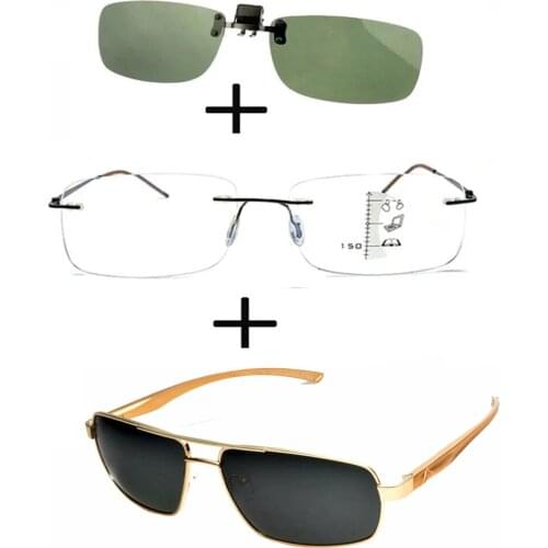 3Pcs!!! Titanium Progressive Multifocal Reading Glasses Men Women + Alloy Polarized Sunglasses High Quality + Sunglasses Clip