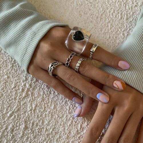 5pcs 2021 Kpop New Y2K Vintage Trend Black Heart Set Ring for Women Resin Silver Color Metal Rings Couple Aesthetic Jewelry