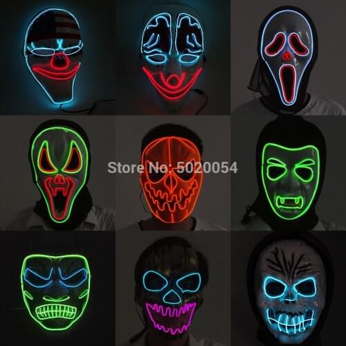 9 Design Ghost Cosplay EL Wire Mask Joker Clown Light Up Mask Horror Halloween LED Masks Powered by DC-3V Controller