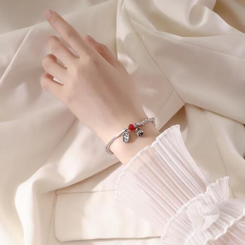 Lucky Cat Round Bead Sweet Elastic Rope Silver Color Bracelet For Women Girls Adjustable Trendy Dainty Jewelry Gifts SL2355