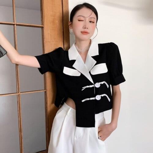 ZCSMLL Black and White Contrast Shirt Turn-down Collar Female Summer Design Niche Short Sleeve Korean Women Top 2021 New