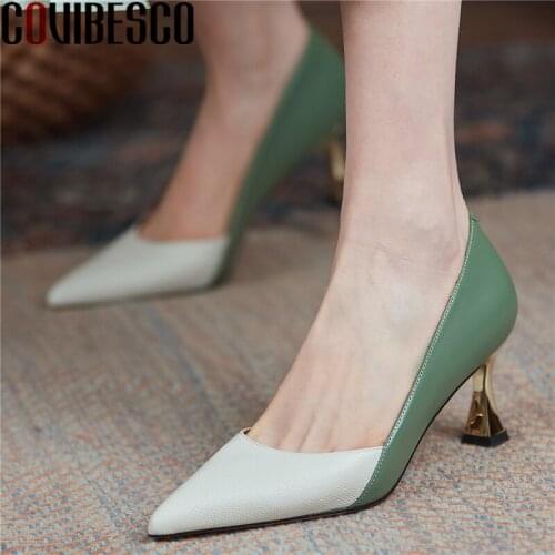 COVIBESCO Fashion Elegant Concise Women Spring Summer Pumps Office Pointed Toe Genuine Leather Shallow High Heels Shoes Woman