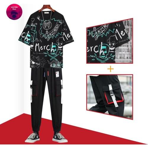 Summer Mens Sets Koren Fashion Joggers Set Printing T Shirts+Elastic Waist Trousers Men Clothing Two Piece Sets Tracksuit Men