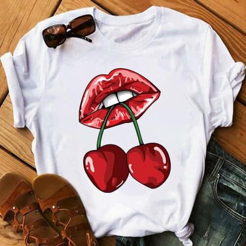 Summer Womens T-shirt Cute Cherry Print T-shirt Retro Top Short Sleeve Ladies Casual Korean Plus Size T-shirt Female Top Tee