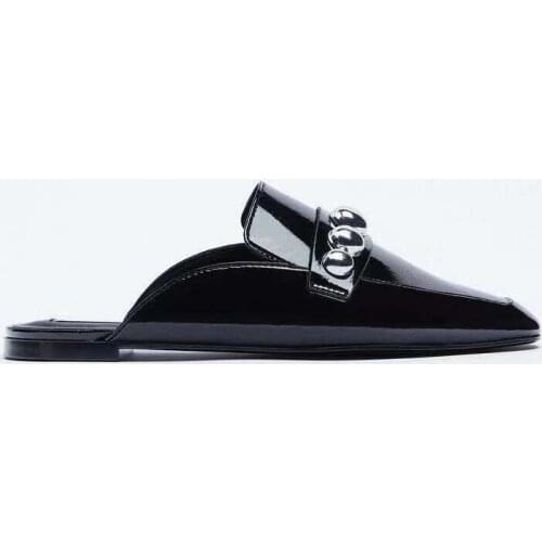 Mules For Women 2021 Beige Heeled Sandals Square Toe Rivet Shoes Slippers Soft Luxury Slides Pantofle Black Comfort Designer New