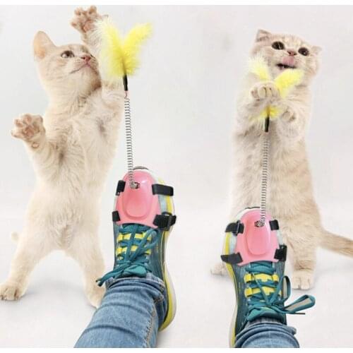 2PC Cute Pet Cat Toy Foot Spring Catcher Set Leisurely Teaser Feather Rod Cats Accessories Interactive Kitten Playing Funny Toys