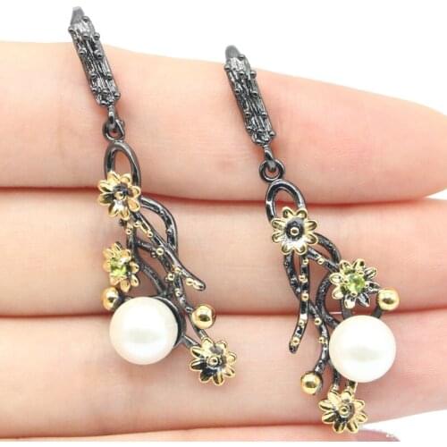 50x16mm SheCrown Neo-Gothic 8.2g Vintage Created Green Peridot Kunzite White Pearl Black Metal Silver Earrings Daily Punk Hollow