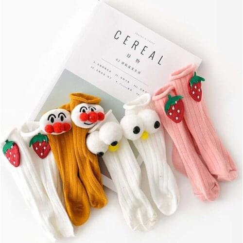 2021 New Toddler Girls Socks Waffle Knitting Cotton Soild Color Cartoon Egg Red Face Strawberry Cute Wind Kids Sockings