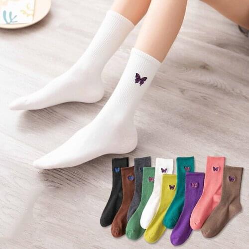 2021 New Animal Butterfly Socks Women Streetwear Simple Crew Embroidery Cotton Women Socks Solid Color Sports Sock