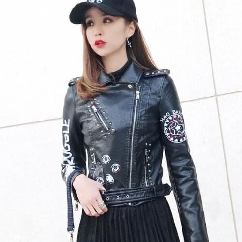 Ailegogo Autumn Women Female Rivets Letters Print Motorcycle Leather Short Womens Biker Coat Faux Leather Jacket Punk Outwear