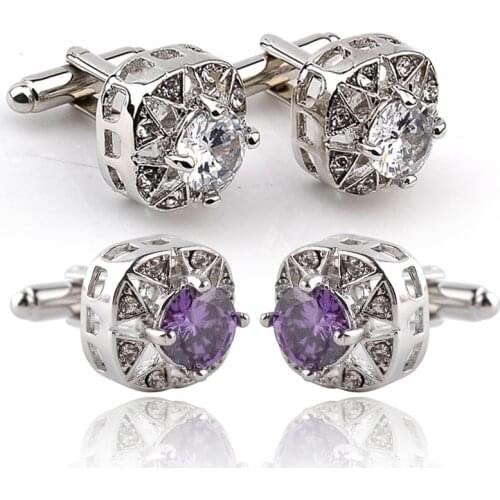 Hollow Zircon Cuff links clear purple crystal cuff Button For Mens Shirt Cufflinks Cuff Links Fashion Men business Cufflinks