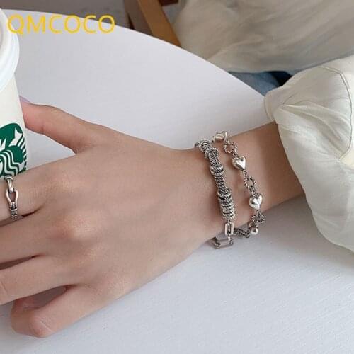 QMCOCO 925 Silver Thick Chain Bracelet Summer New Trend Punk Vintage For Woman Charm Sweet Heart-Shape Tassel Party Jewelry Gift