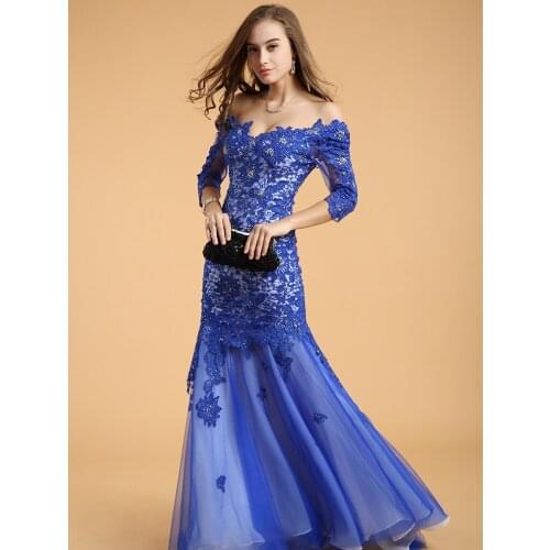Robe de soiree brides 2018 new sexy backless royal blue lace crystal vestido de festa evening gown mother of the bride dresses