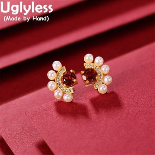 Uglyless MINI Skirt Design Natural Pearls Studs Earrings for Women Sparkly Garnet Red Gemstone Brincos 925 Sterling Silver Jewel