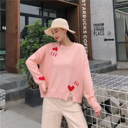QRWR 2020 Autumn Winter Women Sweater New Korean Style Love Print Knitted O Neck Pullover Long Sleeve Loose Sweaters Women