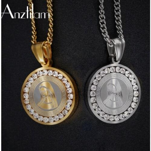High-Quality Full Crystal AAA CZ Cubic Zirconia Virgin Mary Pendant Stainless Steel Necklaces Cuban Long Chain Goth Jewelry