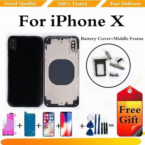 Back Housing For iPhone X Battery Back Cover Middle Chassis Frame SIM Tray Side Key Parts Housing Case No Flex Cable