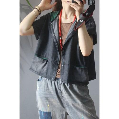 Casual Hooded Jaket Femme Tops Vintage Jackets Summer Arts Style Women Short Sleeve Loose Short Coats Cotton Denim