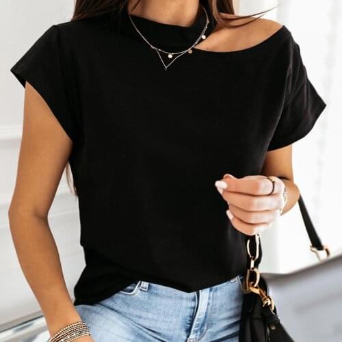 Women Casual T-shirt Short Sleeve One Shoulder Mock Neck Halter Loose Blouse Top New Summer women T-shirt