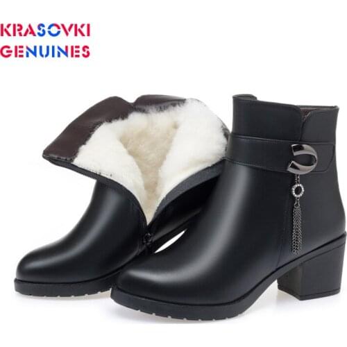 Krasovki Genuines Women Snow Boots Warm Wool Genuine Leather Fur Warm Fashion Plush Ankle Boots Platform for Women Winter Boots