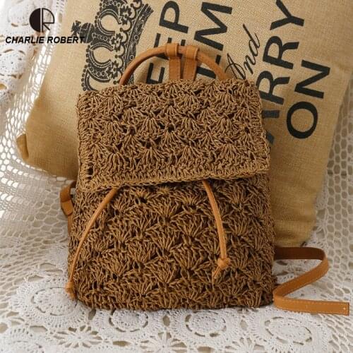2019 New Beach Summer Style Women Lady Handmade Rattan Bags Straw Scarves Criss-Cross Hollow Out Knitting Casual Backpack