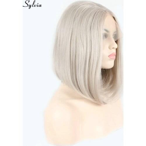 Sylvia 14" platinum short bob lace front synthetic wig beige color straight women replacement soft hair shoulder length glueless